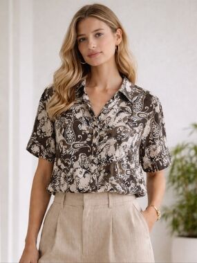 APT 9 Paisley Button Front Blouse 3X Structured Cotton Stretch Neutral Brown